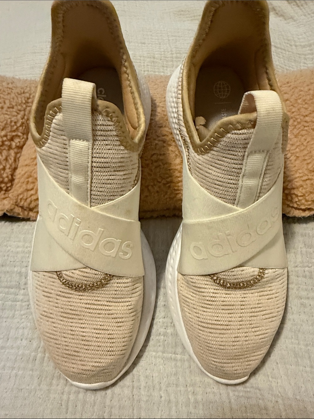 adidas Women's Cream Slip-On Knit Sneakers with Logo Strap